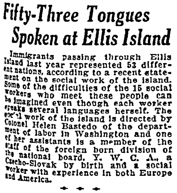 An article about Ellis Island, Duluth News-Tribune newspaper article 23 January 1921