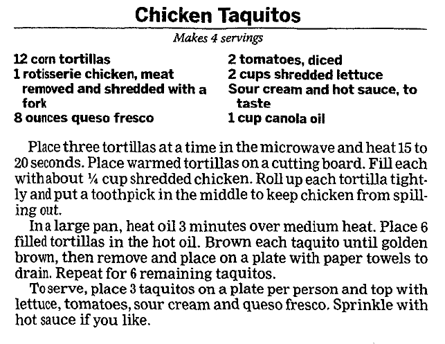 A taquitos recipe, Milwaukee Journal Sentinel 17 June 2012