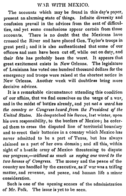 An article about the Mexican-American War, National Aegis newspaper article 13 May 1846