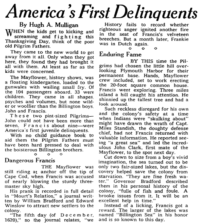 An article about the Billingtons who arrived onboard the Mayflower, Omaha World-Herald newspaper article 22 November 1959