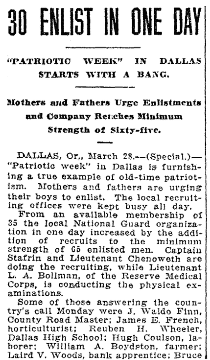 An article about WWI enlistments, Oregonian newspaper article 29 March 1917