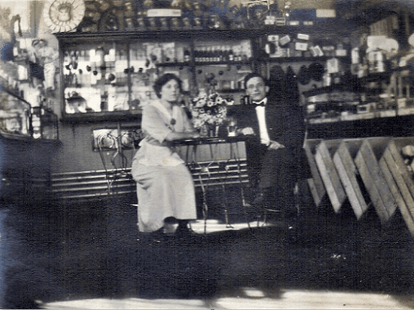 Photo: Marguerite Greeley Russell and James George Zafris sitting in their store. Credit: James Zafris Jr.