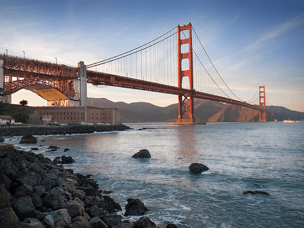 Photo: the Golden Gate Bridge and Fort Point, San Francisco, California, looking north toward the Marin Headlands. Credit: David Ball; Wikimedia Commons.