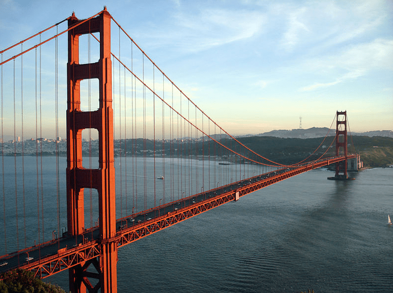 Photo: the Golden Gate Bridge at sunset