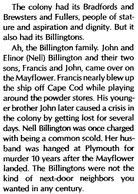 An article about the Billingtons who arrived onboard the Mayflower, Richmond Times Dispatch newspaper article 18 November 1979