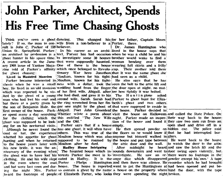 An article about the supposedly haunted Porter-Phelps-Huntington Mansion, Springfield Union newspaper article 7 January 1968