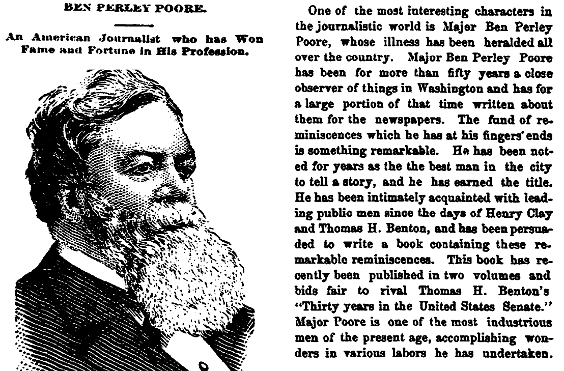 An article about Benjamin Poore, Trenton Evening Times newspaper article 29 May 1887