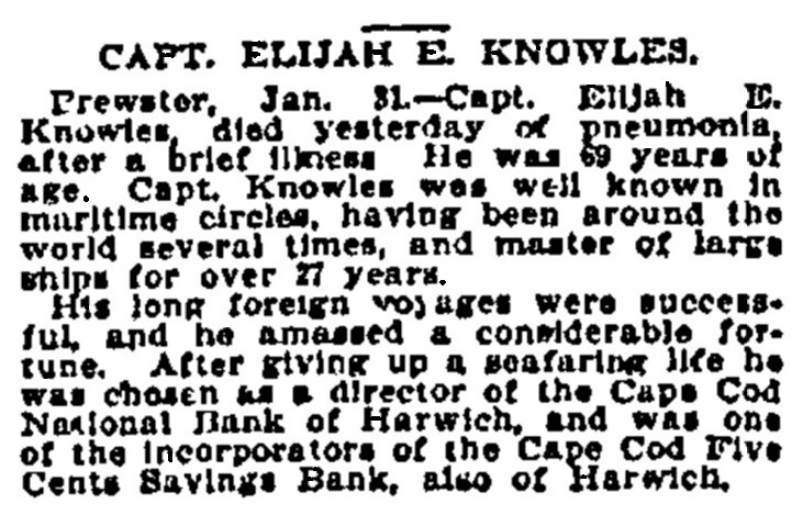 An obituary for Elijah Edwin Knowles, Boston Daily Advertiser newspaper article 1 February 1899