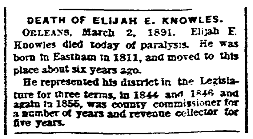 An obituary for Elijah Knowles, Boston Herald newspaper article 3 March 1891