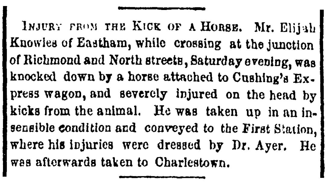 An article about Elijah Knowles' accident, Boston Herald newspaper article 12 November 1855