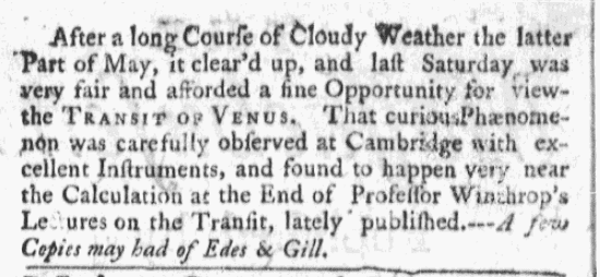 An article about the transit of Venus, Boston Post-Boy & Advertiser newspaper article 5 June 1769