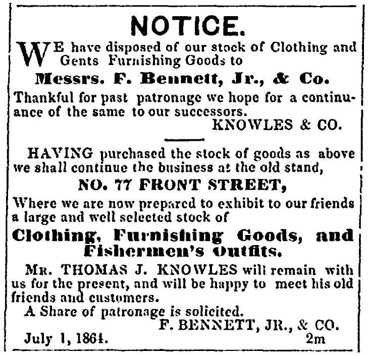 An ad for a clothing store, Cape Ann Light and Gloucester Telegraph newspaper advertisement 6 August 1864