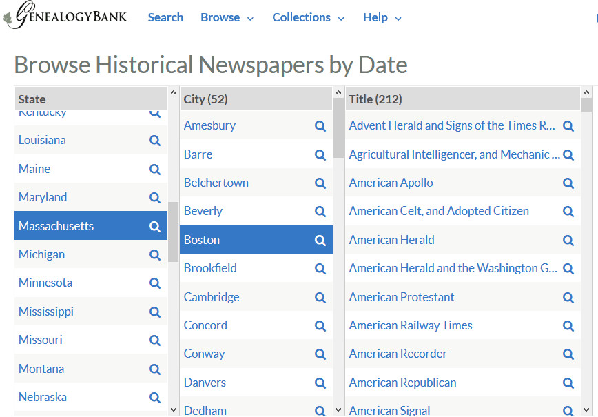 A screenshot of GenealogyBank's search by date feature