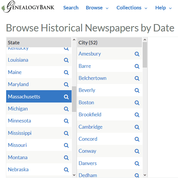 A screenshot of GenealogyBank's search by date feature
