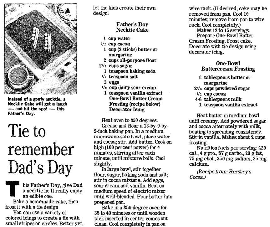 A cake recipe for Father's Day, Jersey Journal newspaper article 14 June 1995