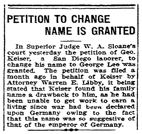 An article about name changes, San Diego Union newspaper article 4 August 1917