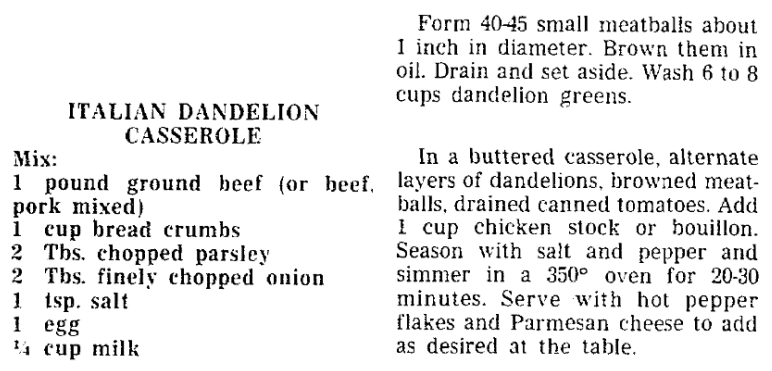 A dandelion recipe, Trenton Evening Times newspaper article 6 April 1988