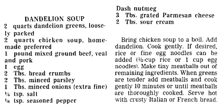 A dandelion recipe, Trenton Evening Times newspaper article 6 April 1988