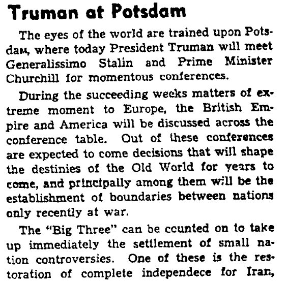 An article about the Potsdam Conference, Augusta Chronicle newspaper article 16 July 1945