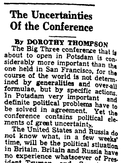 Dorothy Thompson's preview of the Potsdam Conference, Augusta Chronicle newspaper article 16 July 1945