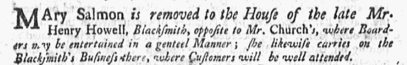 An ad run by Mary Salmon, Boston Evening-Post newspaper advertisement 16 September 1754