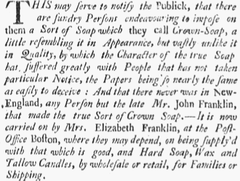 An ad run by Elizabeth Franklin, Boston-Gazette newspaper advertisement, 11 April 1757