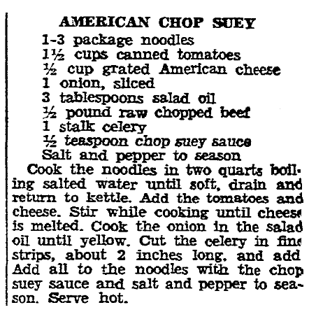 A recipe for American Chop Suey, Boston Herald newspaper article 22 May 1935