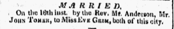 A wedding announcement, Commercial Advertiser newspaper article 28 September 1820