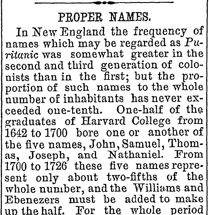 An article about names in colonial America, Congregationalist newspaper article 4 June 1874