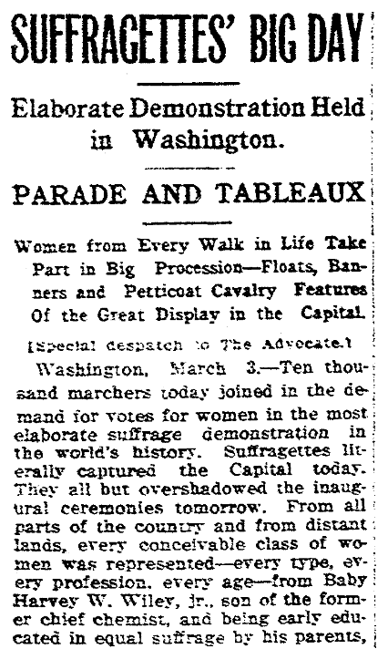 An article about a suffragette march, Daily Advocate newspaper article 3 March 1913