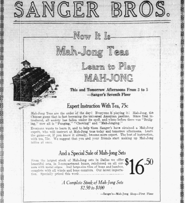 An ad for Mah Jong, Dallas Morning News newspaper advertisement 19 October 1923