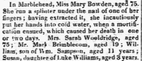 A mortuary notice, Independent Chronicle and Boston Patriot newspaper article 13 December 1823