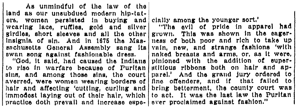 An article about the last Puritan fashion law, Kalamazoo Gazette newspaper article 5 June 1921