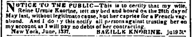 A "runaway wife" notice, Morning Courier and New-York Enquirer newspaper article 21 June 1837