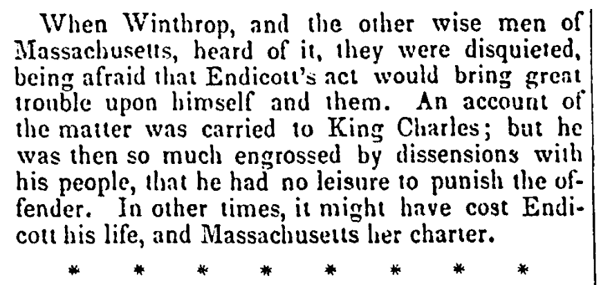 An article about John Endicott and the "Red Cross" incident, National Aegis newspaper article 6 January 1841