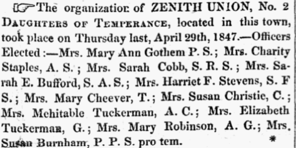 An article about a temperance organization, New-Hampshire Gazette newspaper article 4 May 1847