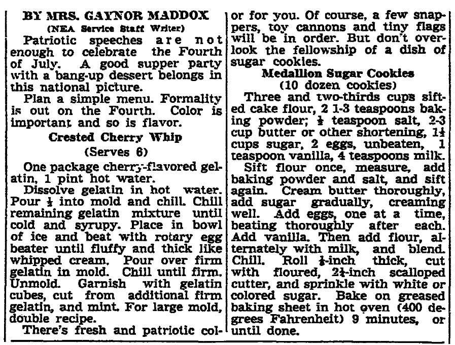 Recipes for the Fourth of July, New Orleans States newspaper article 1 July 1938