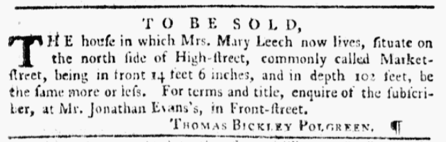 An article about Mary Leech, Pennsylvania Gazette newspaper article 2 July 1752