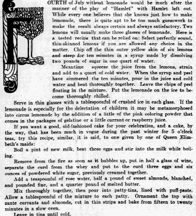 A lemonade recipe, Philadelphia Inquirer newspaper article 30 June 1902