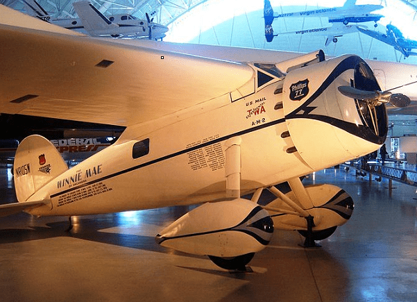 Photo: "Winnie Mae," Wiley Post's Lockheed Vega airplane, when it was on display at the Steven F. Udvar-Hazy Center, 29 January 2008. Credit: Jarek Tuszyński; Wikimedia Commons.
