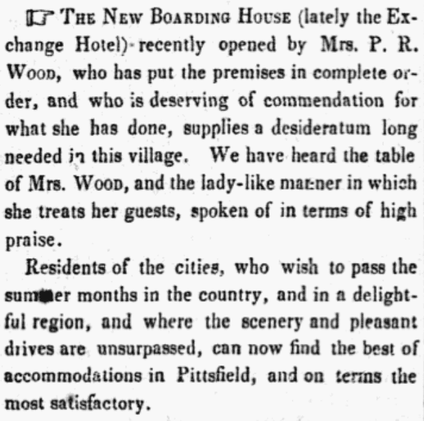 An article about a boarding house, Pittsfield Sun newspaper article 16 May 1850