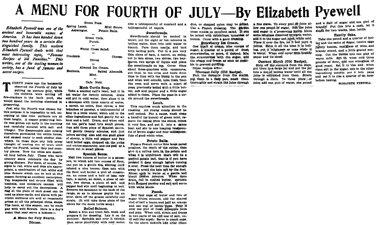 Recipes for the Fourth of July, Plain Dealer newspaper article 2 July 1905