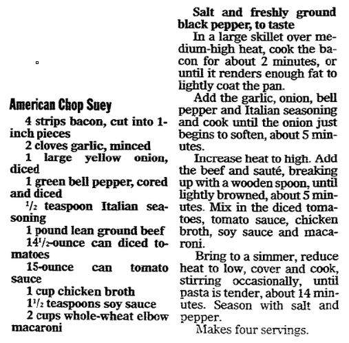 A recipe for American Chop Suey, Register Star newspaper article 14 March 2007