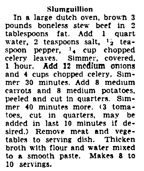 A recipe for Slumguillion, Roanoke Times newspaper article 30 December 1951