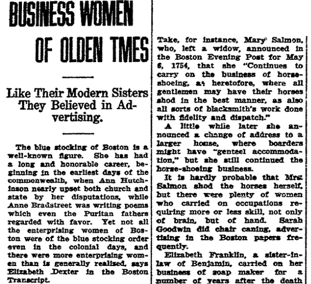 An article about women entrepreneurs in colonial America, State Times Advocate newspaper article 12 September 1924