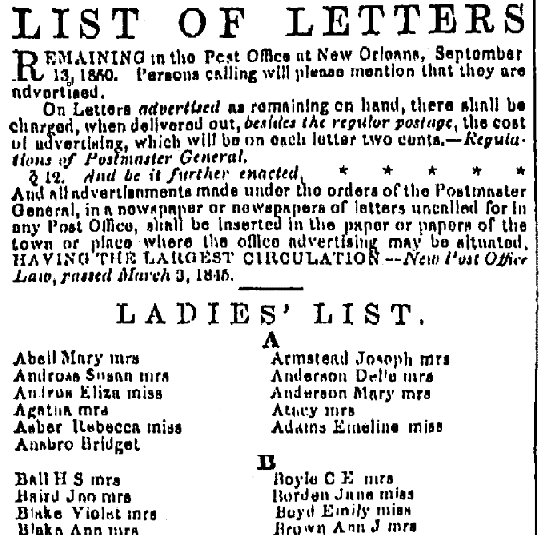 A of unclaimed letters, Times-Picayune newspaper article 13 September 1850