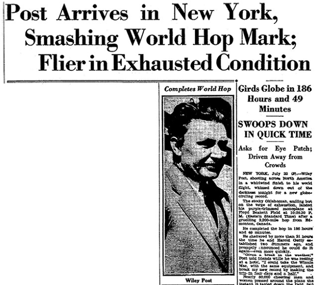 An article about Wiley Post, Trenton Evening Times newspaper article 23 July 1933