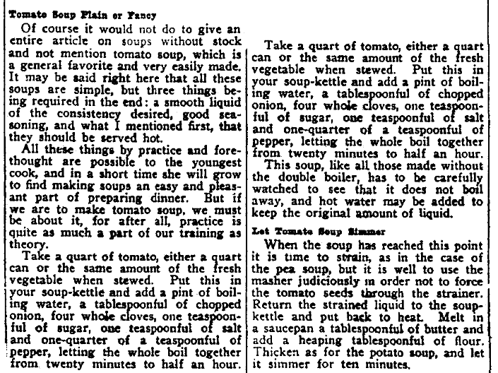 A recipe for tomato soup, Augusta Chronicle newspaper article 31 July 1909