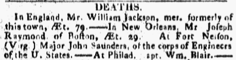 An article about William Jackson, Boston Commercial Gazette newspaper article 29 March 1810