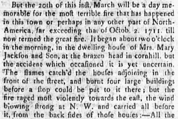 An article about a fire, Boston Evening-Post newspaper article 24 March 1760